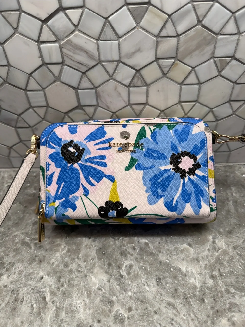 kate spade Pink Floral Wristlet Crossbody with Blue Blooms